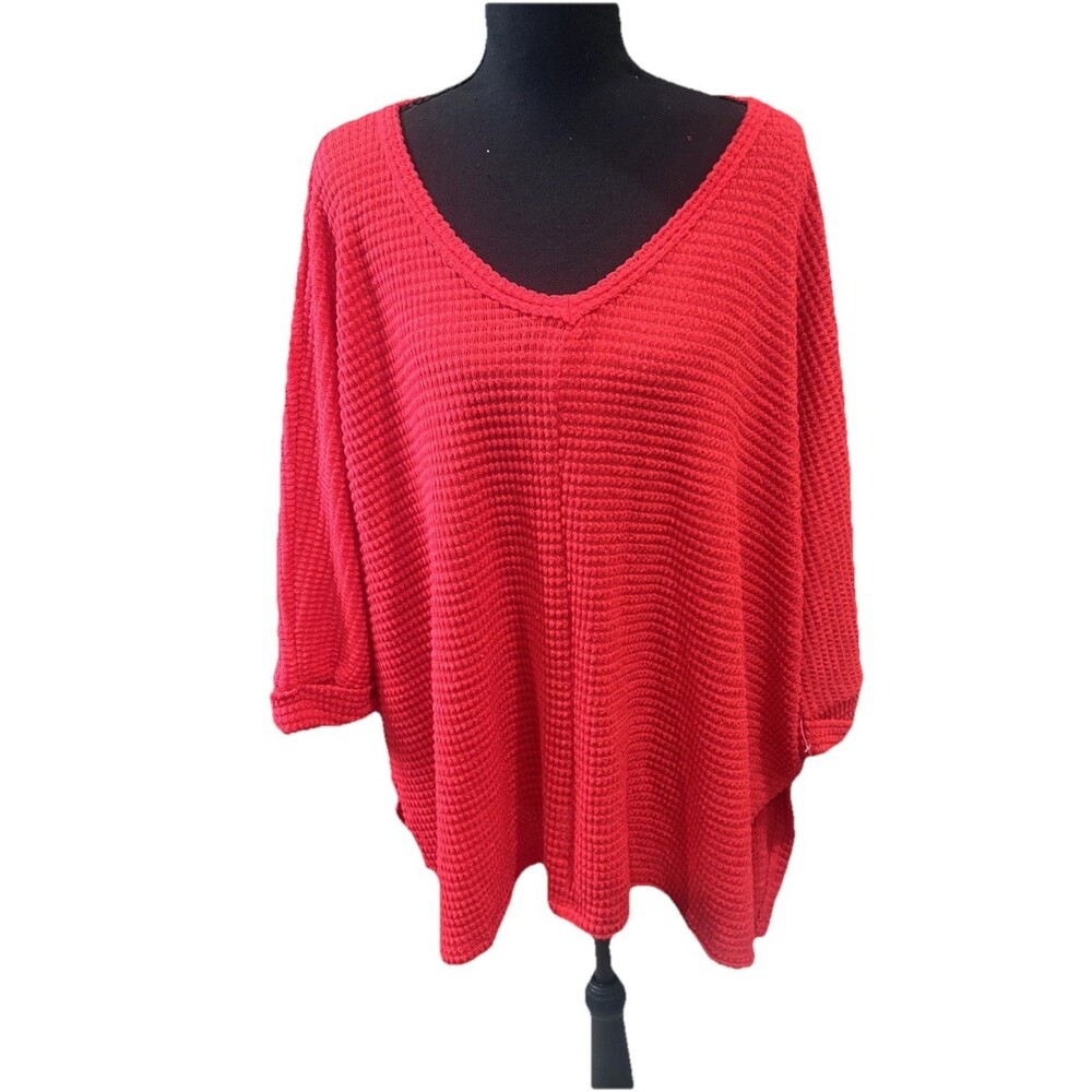 Zenana Waffle Knit Vibrant Red Size L/XL Sweater 3/4 Sleeve Versatile Loose Fit